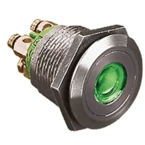 Bulgin MPI001 Series Illuminated Push Button Switch, Momentary, Panel Mount, 19.2mm Cutout, SPST, Green LED, 24V dc, - MPI001/TERM/GN product image