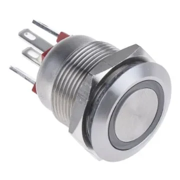 Bulgin MPI002 Series Illuminated Push Button Switch, Momentary, Panel Mount, 19.2mm Cutout, SPST, Red LED, 24V dc, IP66 - MPI002/28/RD product image