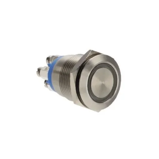Bulgin MPI002 Series Illuminated Push Button Switch, Momentary, Panel Mount, 19.2mm Cutout, SPST, Blue LED, 24V dc, IP66 - MPI002/TERM/BL product image