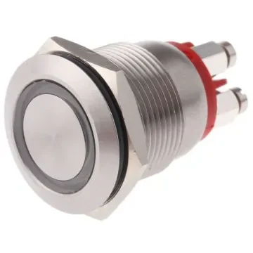 Bulgin MPI002 Series Illuminated Push Button Switch, Momentary, Panel Mount, 19.2mm Cutout, SPST, Red LED, 24V dc, IP66 - MPI002/TERM/RD product image