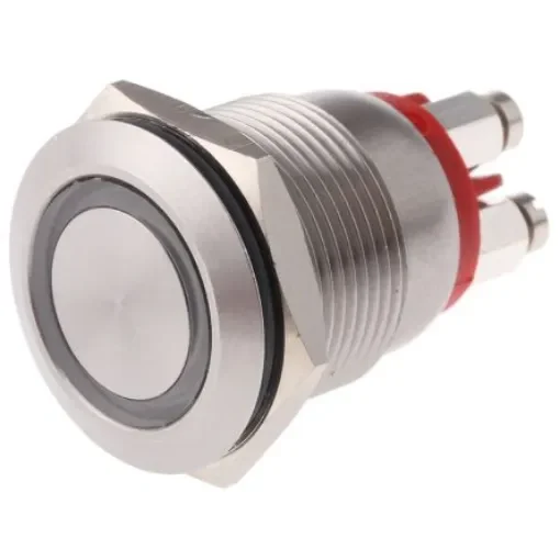 Bulgin MPI002 Series Illuminated Push Button Switch, Momentary, Panel Mount, 19.2mm Cutout, SPST, Red LED, 24V dc, IP66 - MPI002/TERM/RD product image