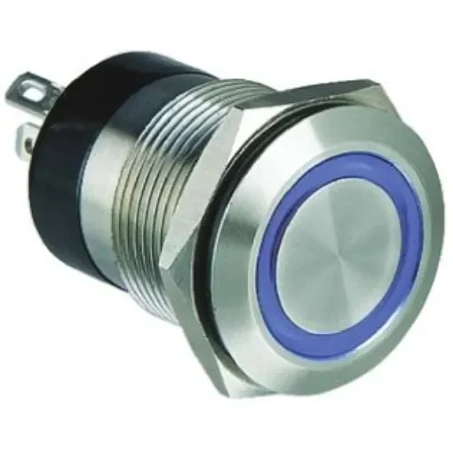 Bulgin MPI002 Series Illuminated Push Button Switch, Momentary, Panel Mount, 19.2mm Cutout, SPST, Blue LED, 6V dc, IP66 - MPI002/28/BL/6 product image