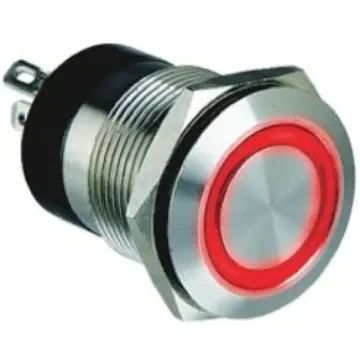 Bulgin MPI002 Series Illuminated Push Button Switch, Momentary, Panel Mount, 19.2mm Cutout, SPST, Red LED, 24V dc, IP66 - MPI002/28/RD/6 product image