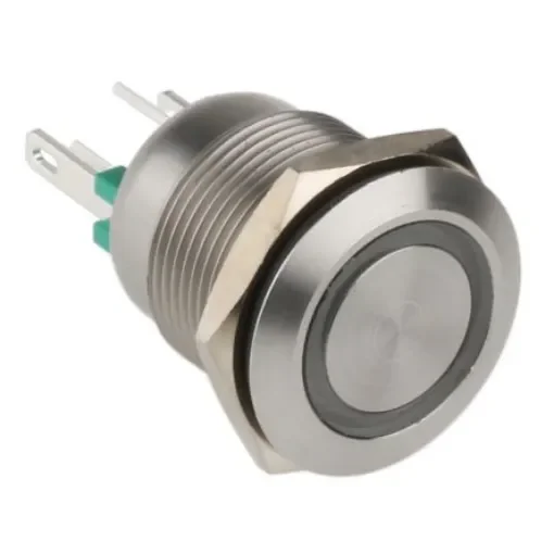 Bulgin MPI002 Series Illuminated Push Button Switch, Momentary, Panel Mount, 19.2mm Cutout, SPST, Green LED, 6V dc, IP66 - MPI002/28/GN/6 product image