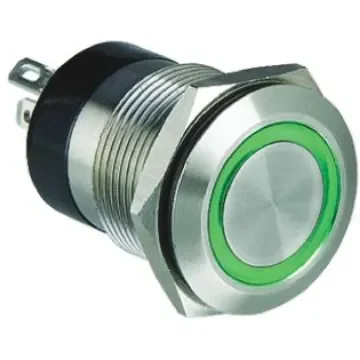 Bulgin MPI002 Series Illuminated Push Button Switch, Momentary, Panel Mount, 19.2mm Cutout, SPST, Green LED, 24V dc, - MPI002/28/GN/12 product image