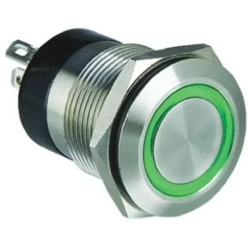 Bulgin MPI002 Series Illuminated Push Button Switch, Momentary, Panel Mount, 19.2mm Cutout, SPST, Green LED, 24V dc, - MPI002/28/GN/12 product image