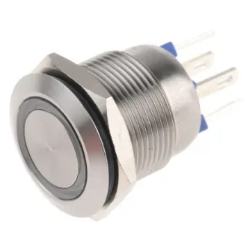 Bulgin MPI002 Series Illuminated Push Button Switch, Momentary, Panel Mount, 19.2mm Cutout, SPST, Blue LED, 24V dc, IP66 - MPI002/28/BL/24 product image