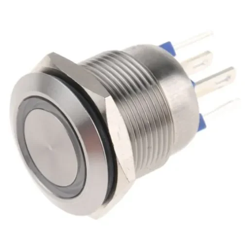 Bulgin MPI002 Series Illuminated Push Button Switch, Momentary, Panel Mount, 19.2mm Cutout, SPST, Blue LED, 24V dc, IP66 - MPI002/28/BL/24 product image