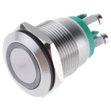 Bulgin MPI002 Series Illuminated Push Button Switch, Momentary, Panel Mount, 19.2mm Cutout, SPST, Green LED, 24V dc, - MPI002/TE/GN/6 product image