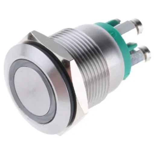 Bulgin MPI002 Series Illuminated Push Button Switch, Momentary, Panel Mount, 19.2mm Cutout, SPST, Green LED, 24V dc, - MPI002/TE/GN/6 product image