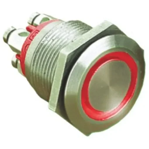 Bulgin MPI002 Series Illuminated Push Button Switch, Momentary, Panel Mount, 19.2mm Cutout, SPST, Red LED, 24V dc, IP66 - MPI002/TE/RD/12 product image