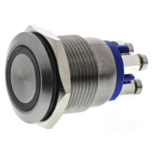 Bulgin MPI002 Series Illuminated Push Button Switch, Momentary, Panel Mount, 19.2mm Cutout, SPST, Blue LED, 24V dc, IP66 - MPI002/TE/BL/12 product image