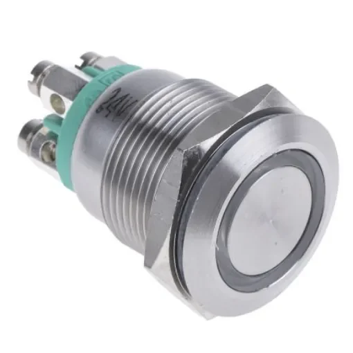 Bulgin MPI002 Series Illuminated Push Button Switch, Momentary, Panel Mount, 19.2mm Cutout, SPST, Green LED, 24V dc, - MPI002/TE/GN/24 product image