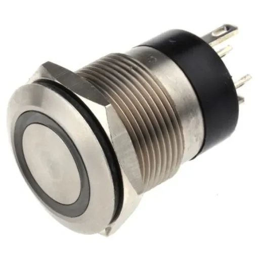 Bulgin MPI002 Series Illuminated Push Button Switch, Momentary, Panel Mount, 19.2mm Cutout, SPST, Blue LED, 24V dc, IP66 - MPI002/RP/BL/12 product image