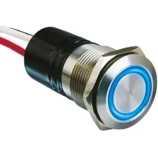 Bulgin MPI002 Series Illuminated Push Button Switch, Momentary, Panel Mount, 19.2mm Cutout, SPST, Blue LED, 24V dc, IP66 - MPI002/FL/BL product image