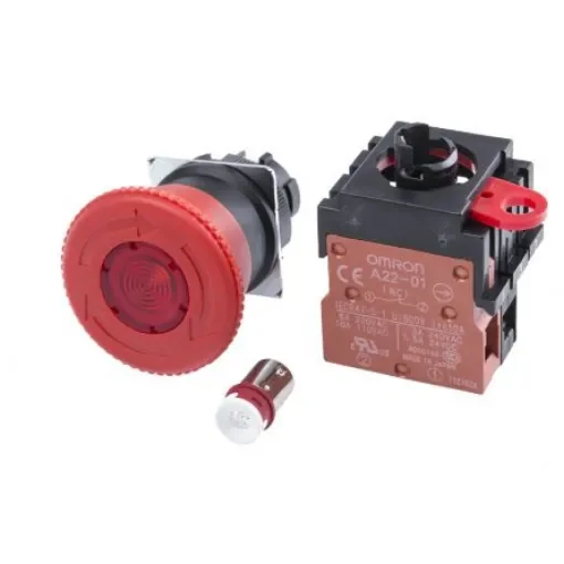 Omron A22E Series Twist Release Illuminated Emergency Stop Push Button, Panel Mount, 1NC, IP65 - A22EL-M-24A-01 product image
