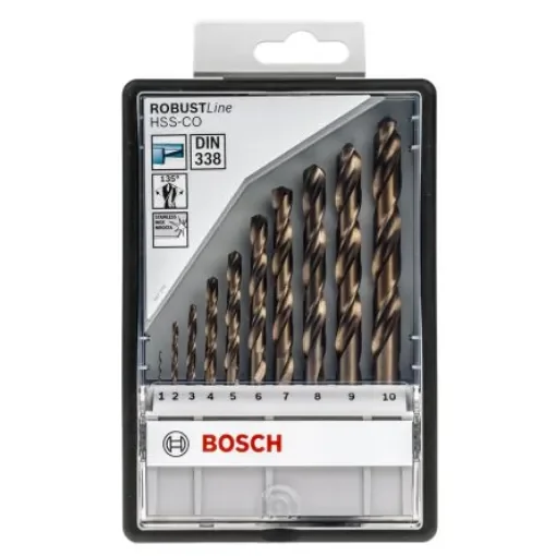 Bosch 10-Piece Twist Drill Bit Set for Metal, 10mm Max, 1mm Min, HSS-Co Bits - 2607019925 product image
