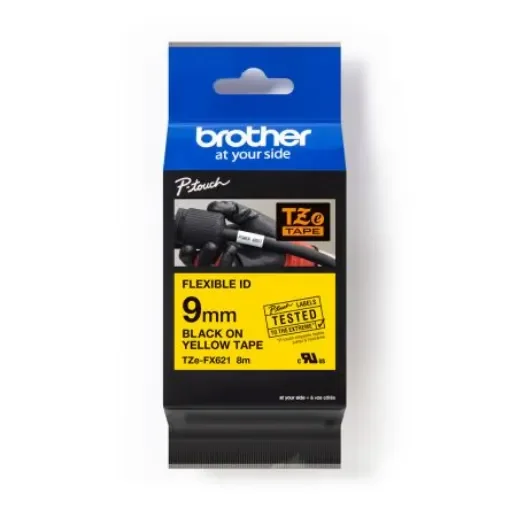 Brother Black on Yellow Label Printer Tape, 8 m Length, 9 mm Width - TZE-FX621 product image