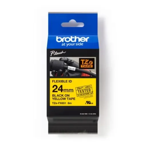 Brother Black on Yellow Label Printer Tape, 8 m Length, 24 mm Width - TZE-FX651 product image