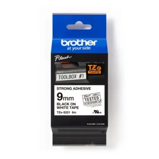 Brother Black on White Label Printer Tape, 8 m Length, 9 mm Width - TZE-S221 product image