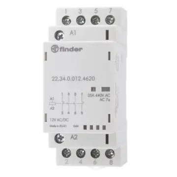 Finder 22 Series Contactor, 12 V dc Coil, 4-Pole, 25 A, 4 kW, 2NO + 2NC, 250 V ac, 440 V ac - 22.34.0.012.4620 product image