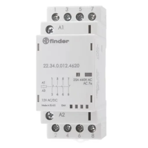 Finder 22 Series Contactor, 12 V dc Coil, 4-Pole, 25 A, 4 kW, 2NO + 2NC, 250 V ac, 440 V ac - 22.34.0.012.4620 product image