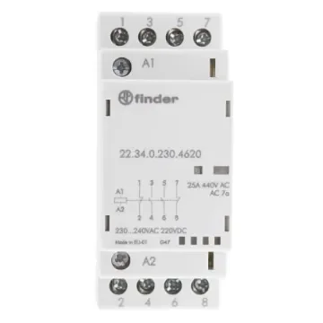 Finder 22 Series Contactor, 230 V ac Coil, 4-Pole, 25 A, 2/2.2 W, 2NO + 2NC, 250 V ac, 440 V ac - 22.34.0.230.4620 product image