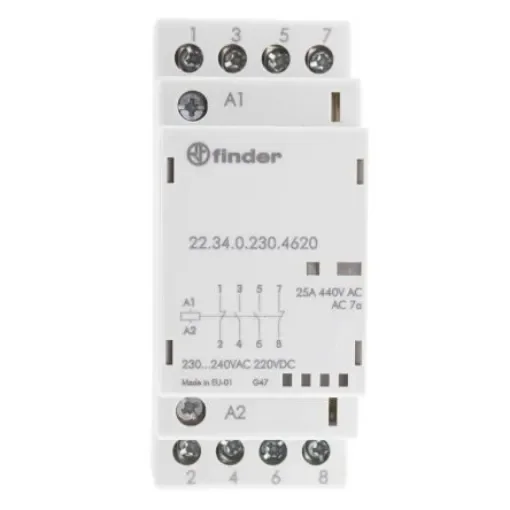 Finder 22 Series Contactor, 230 V ac Coil, 4-Pole, 25 A, 2/2.2 W, 2NO + 2NC, 250 V ac, 440 V ac - 22.34.0.230.4620 product image
