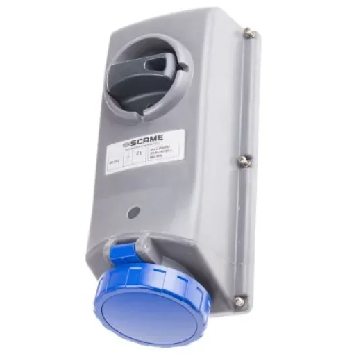 Scame IP67 Blue Panel Mount 2P + E Right Angle Industrial Power Socket, Rated At 32A, 230 V - 402.3283 product image