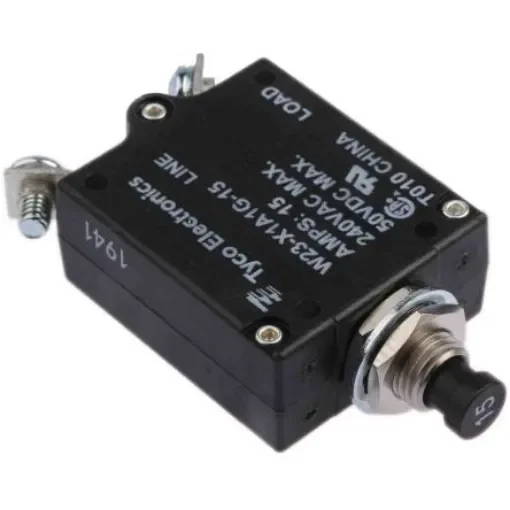 TE Connectivity Thermal Circuit Breaker - W23  Single Pole 50 V dc, 250V ac Voltage Rating, 15A Current Rating - W23-X1A1G-15 product image