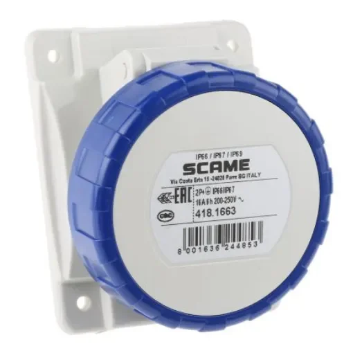 Scame IP66, IP67 Blue Panel Mount 2P + E Heavy Duty Power Connector Socket, Rated At 16A, 230 V - 418.1663 product image