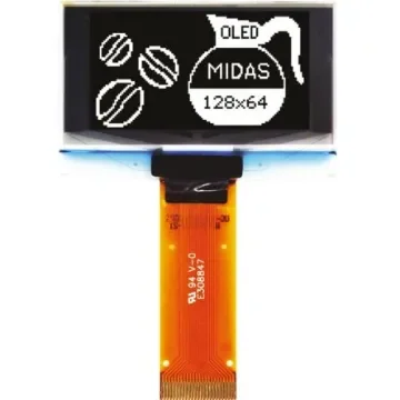 Midas 1.54in White Passive matrix OLED Display 128 x 64pixels TAB I2C, Parallel, SPI Interface - MCOT128064BY-WM product image