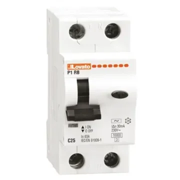 Lovato RCBO, 25A Current Rating, 1P+N Poles, 30mA Trip Sensitivity, Type C - P1RB1NC25AC030 product image