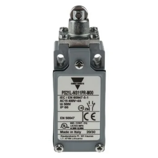 Carlo Gavazzi Roller Plunger Limit Switch, NO/NC, IP66, SPDT, Zinc Housing, 24V ac Max, 24 V ac 10A Max - PS21L-NS11PR-M00 product image
