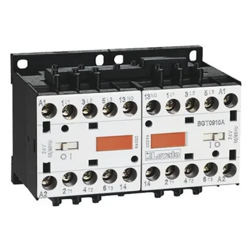Lovato Orange BG Reversing Contactor, 230 V ac Coil, 3-Pole, 9 A, 4 kW, 3NO + 1NO, 600 V ac - 11BGT0910A230 product image