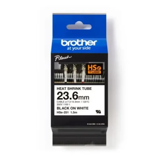 Brother HSE Black on White Label Printer Tape, 1.5 m Length, 23.6 mm Width - HSE251 product image