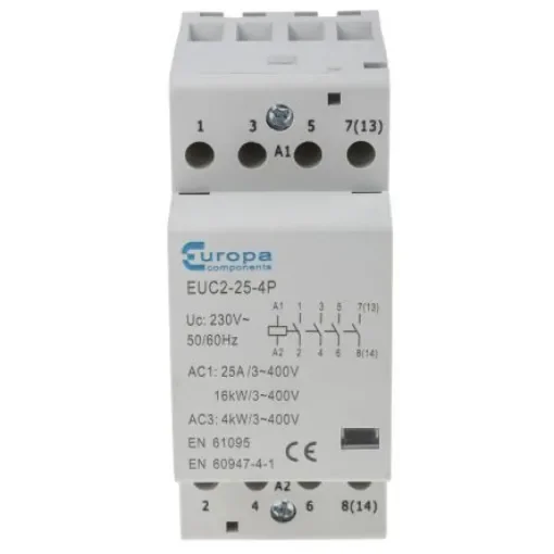 Europa Contactor, 230 V ac Coil, 4-Pole, 25 A, 4 kW, 4NO, 400 V ac - EUC2-25-4P product image
