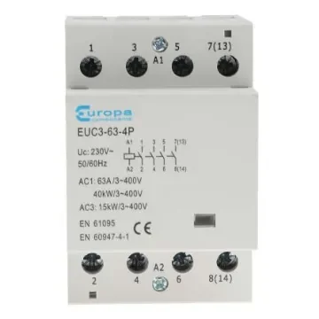 Europa Contactor, 230 V ac Coil, 4-Pole, 63 A, 40 kW, 4NO, 400 V ac - EUC3-63-4P product image