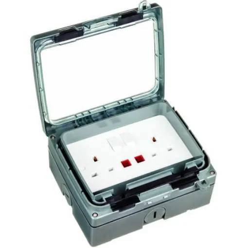 Timeguard Grey 2 Gang Plug Socket, 1 Pole, 13A, Type G - British, Outdoor Use - TGV201N product image