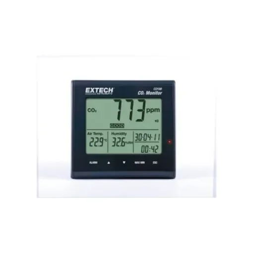 Extech CO100 Air Quality Monitor for CO2, Humidity, Temperature, +50°C Max, 90%RH Max, AC Adapter-Powered product image