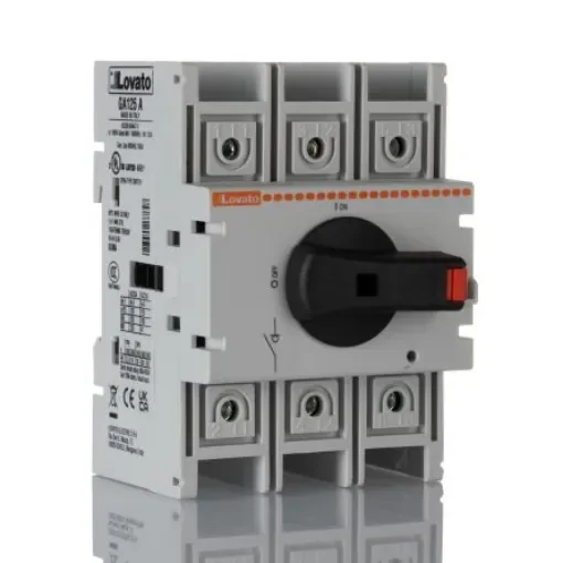 Lovato 3 Pole Din Rail, Screw Mount Switch Disconnector - 125A Maximum Current, 45kW Power Rating, IP65 - GA125A product image