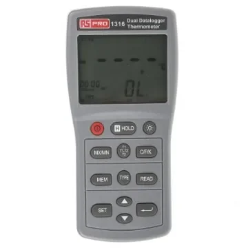 RS PRO 1316 Wired Digital Thermometer, E, J, K, N, R, S, T Probe, 2 Input(s), +1090 (J) °C, +1300 (N) °C, +1370 (K) °C, - 1232214 product image
