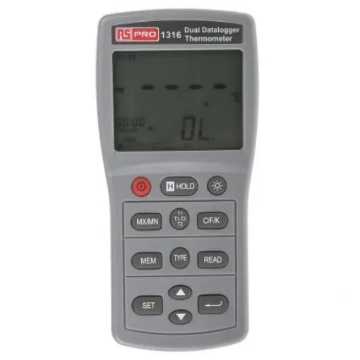 RS PRO 1316 Wired Digital Thermometer, E, J, K, N, R, S, T Probe, 2 Input(s), +1090 (J) °C, +1300 (N) °C, +1370 (K) °C, - 1232214 product image