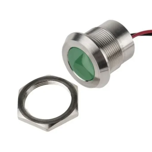 RS PRO Green Panel Mount Indicator, 12V dc, 22mm Mounting Hole Size, Lead Wires Termination, IP67 - 1232427 product image