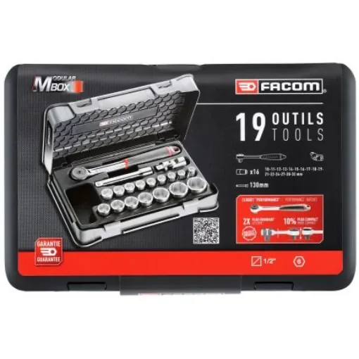 Facom 19-Piece Metric 1/2 in Standard Socket Set with Ratchet, 6 point - S.161-2P6PB product image