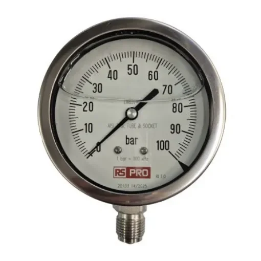 RS PRO BSP 1/2in Analogue Pressure Gauge 100bar Bottom Entry 100mm Outside Diameter - 152286 product image