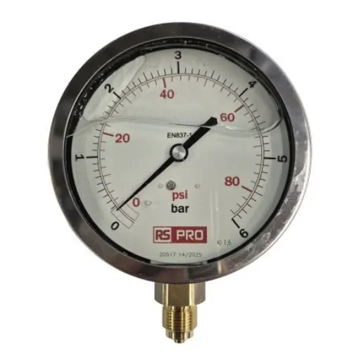 RS PRO BSP 3/8 Analogue Pressure Gauge 6bar Bottom Entry 100mm Outside Diameter - 152288 product image