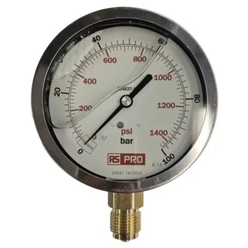 RS PRO BSP 1/2in Analogue Pressure Gauge 100bar Bottom Entry 100mm Outside Diameter - 152294 product image