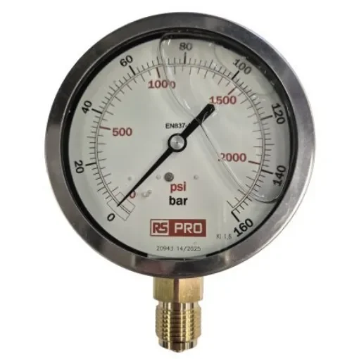 RS PRO BSP 1/2in Analogue Pressure Gauge 160bar Bottom Entry 100mm Outside Diameter - 152295 product image