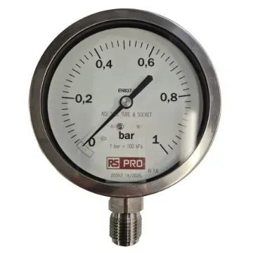 RS PRO BSP 1/2in Analogue Pressure Gauge 1bar Bottom Entry 100mm Outside Diameter - 152301 product image